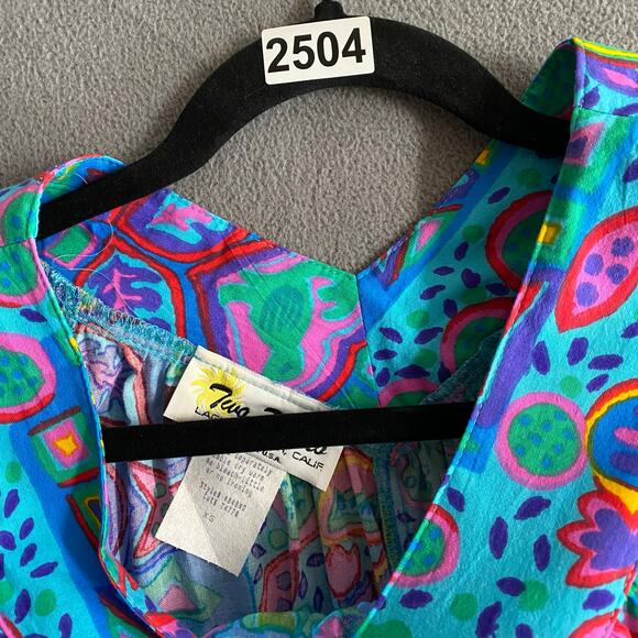 Vtg 80s 90s Two Potato Laguna Beach Artsy Midi Tiered Muumuu Dress XS Cotton NOS - Picture 15 of 15